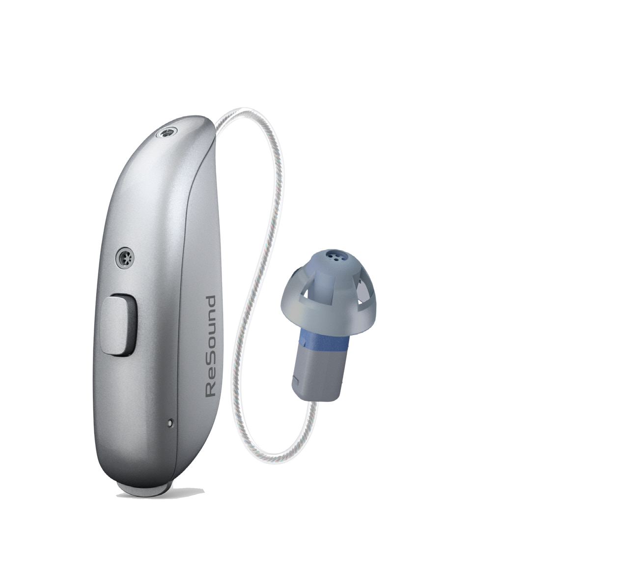 A sleek, silver-gray ReSound Vivia hearing aid with a main body and a connected earbud-like receiver. The device is curved and modern, with a side button and the ReSound logo visible.